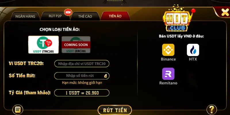 Các phương thức rút tiền được hỗ trợ tại Hit club